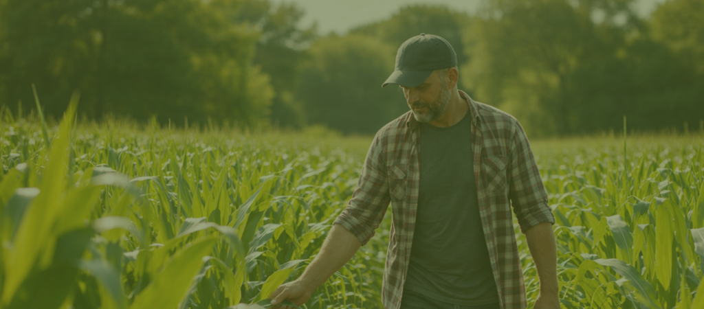 Ein Mann in karriertem Hemd und Mütze läuft durch ein Maisfeld.