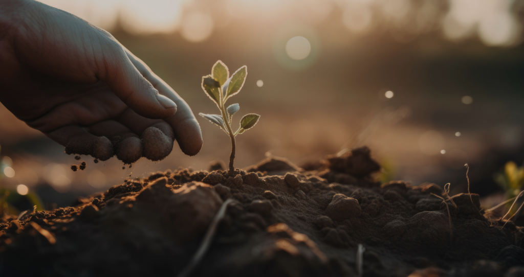 Nahaufnahme einer Hand, die eine kleine Pflanze auf einem Feld einpflanzt.