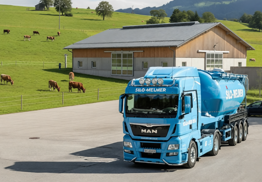Ein blauer LKW mit Silo-Melmer Schriftzug vor einem großen Stall und einer Wiese mit Kühen.