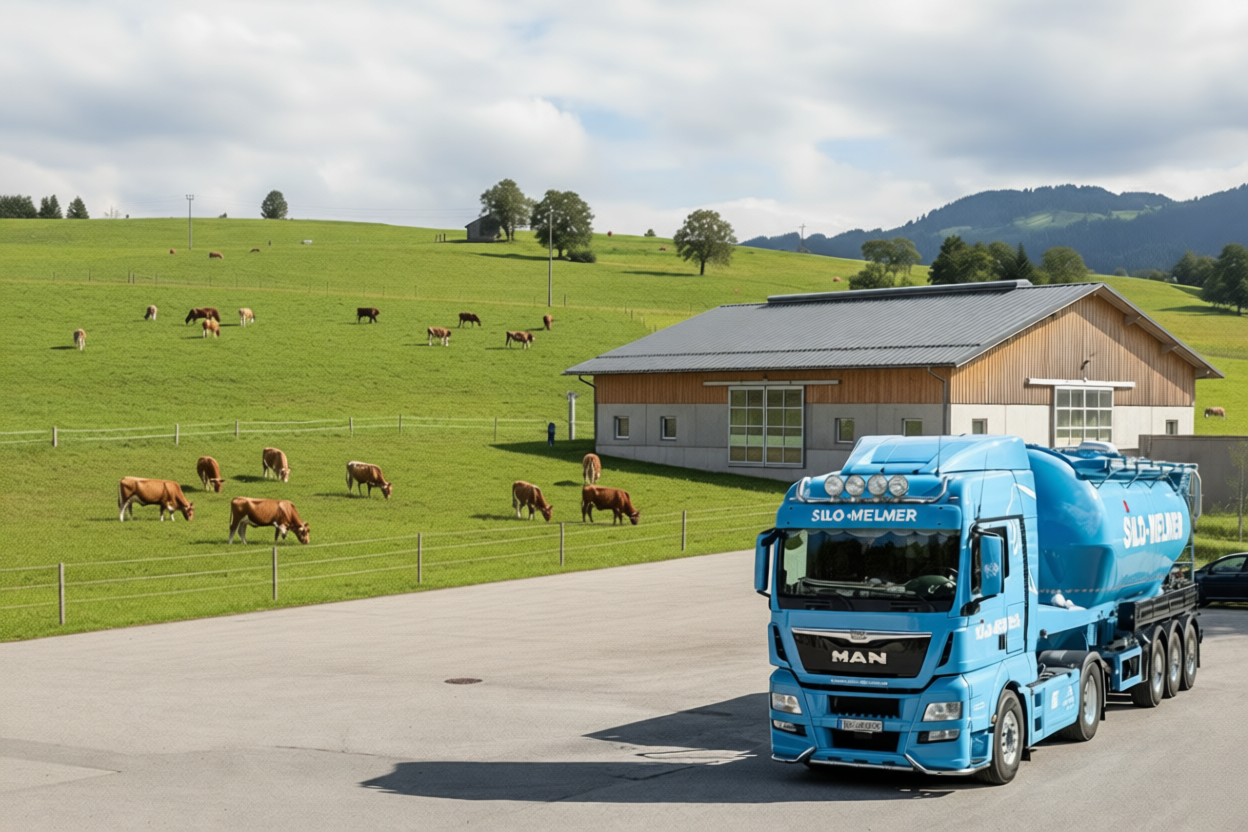 Ein blauer LKW mit Silo-Melmer Schriftzug vor einem großen Stall und einer Wiese mit Kühen.
