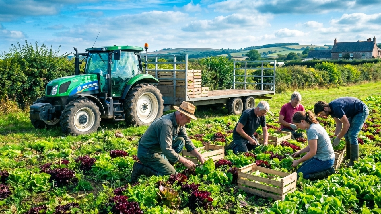 Mehrere Personen auf einem Gemüsefeld, die Salat ernten und in Kisten verpacken. Im Hintergrund steht ein Traktor mit Anhänger.