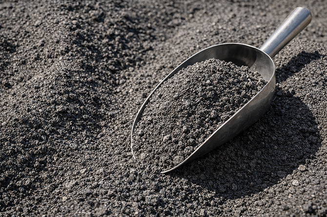 Biolit Gesteinsmehl mit einer Metallschaufel.