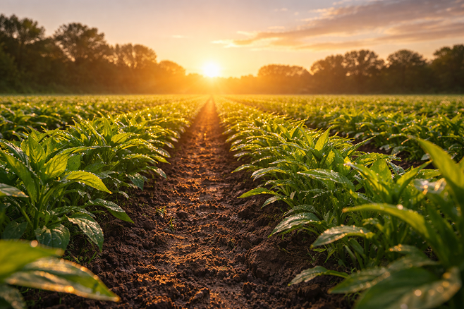 Ein Acker mit Pflanzen während die Sonne untergeht.