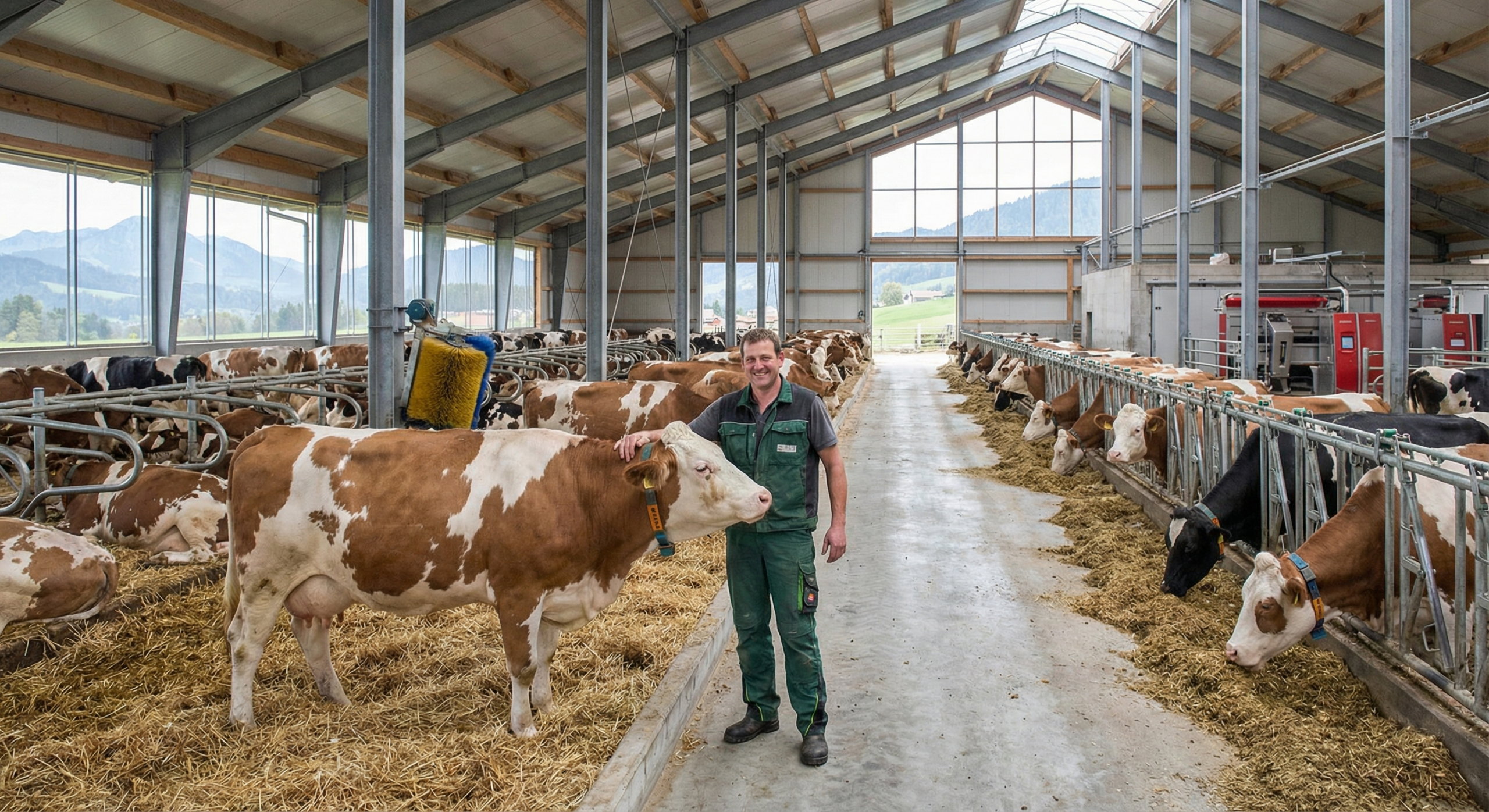 Ein Bauer steht in einem großen Stall mit Kühen.